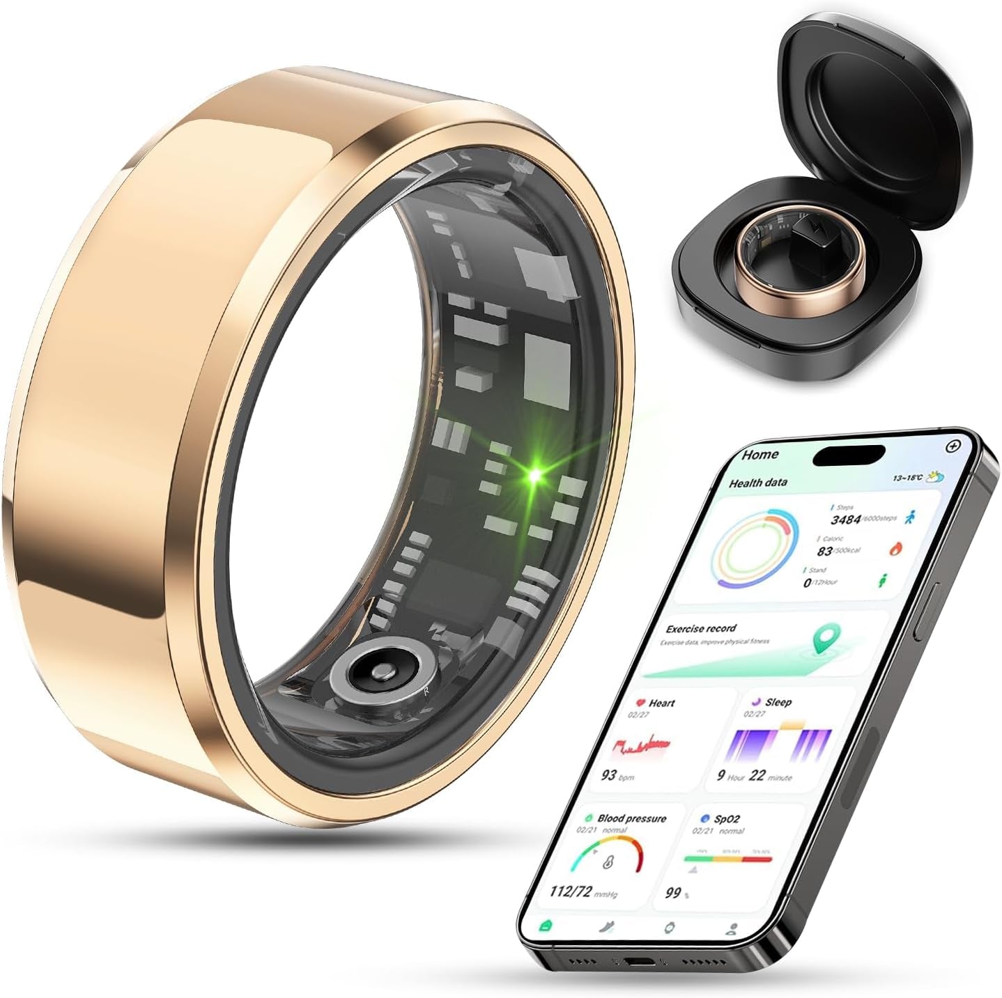 2025 Smart Health Tracker Ring - IP68 Waterproof, Monitors Sleep, Heart Rate, Blood Oxygen, Steps, and Calories, Includes Air Shutter and 7-Day Charging Case