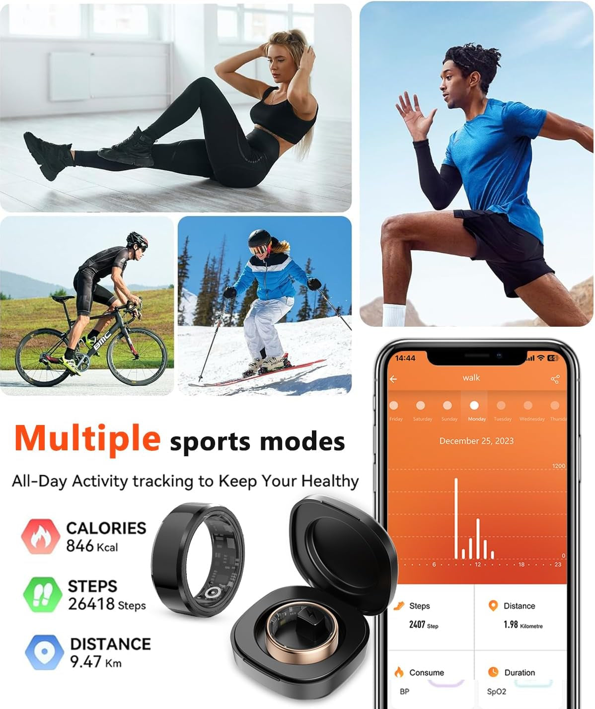 2025 Smart Health Tracker Ring - IP68 Waterproof, Monitors Sleep, Heart Rate, Blood Oxygen, Steps, and Calories, Includes Air Shutter and 7-Day Charging Case