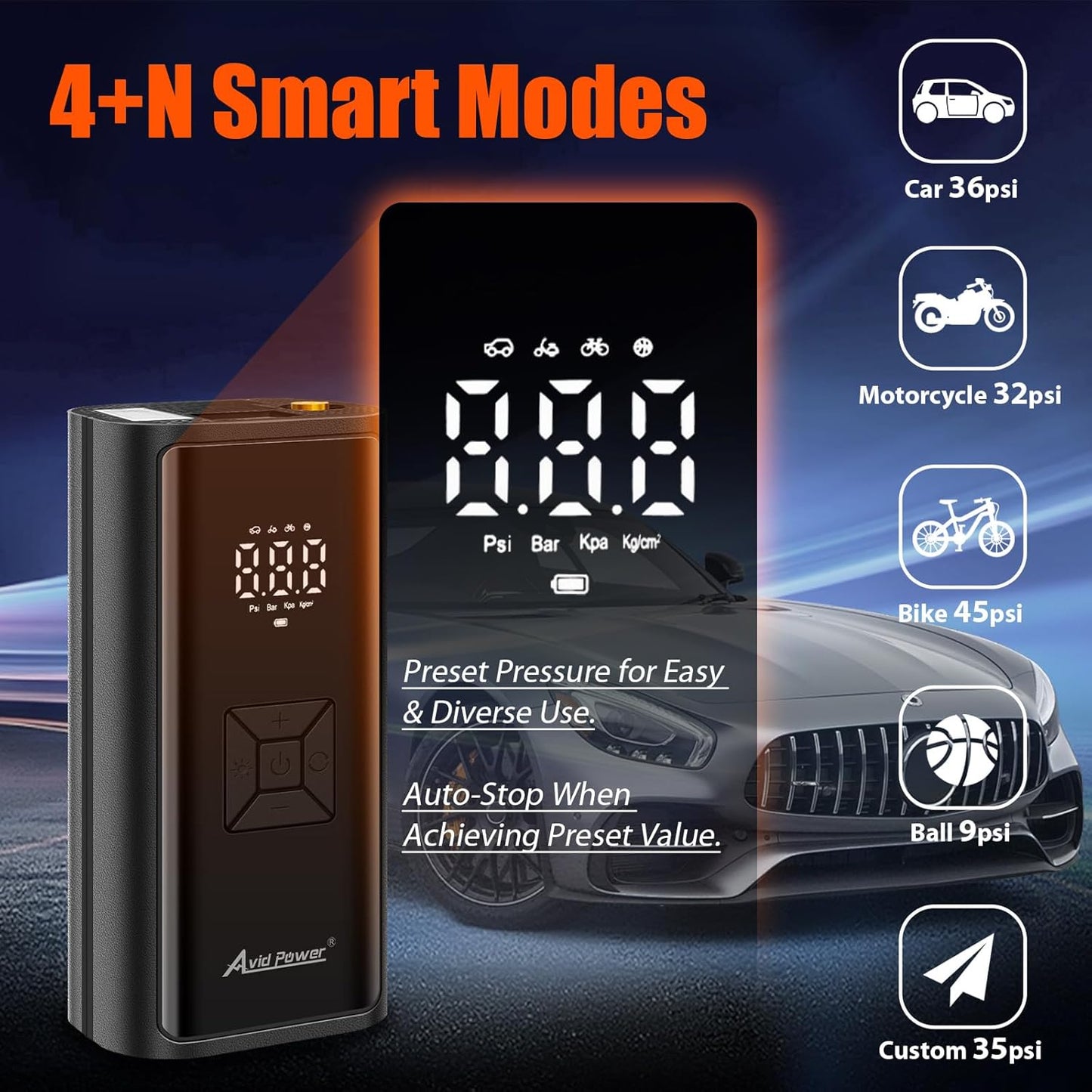 AVID POWER Cordless Portable Tire Inflator - 4500mAh Air Compressor for Cars, Motorcycles, Bicycles & Inflatables with Smart Modes & 12V DC Adapter
