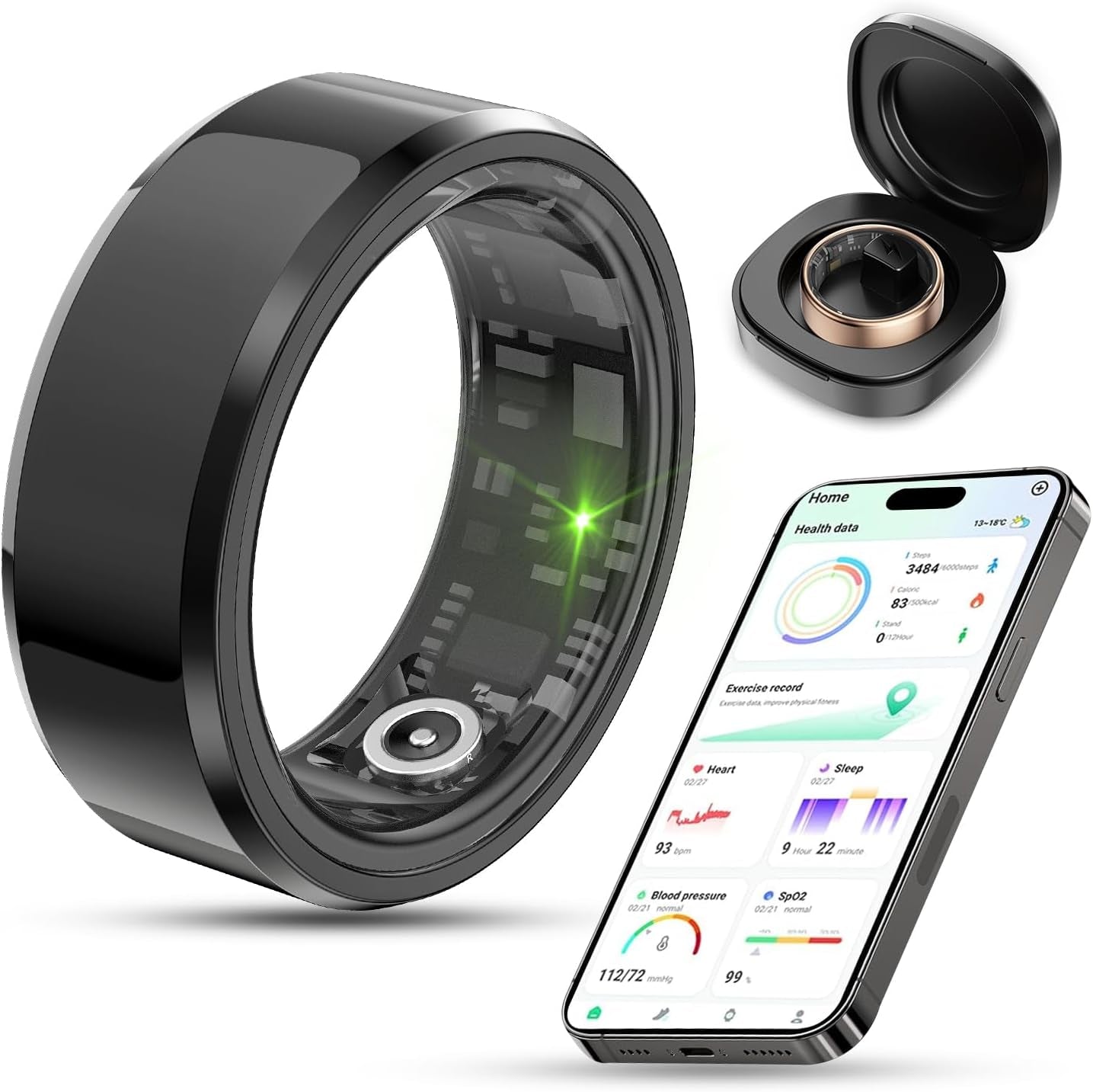 2025 Smart Health Tracker Ring - IP68 Waterproof, Monitors Sleep, Heart Rate, Blood Oxygen, Steps, and Calories, Includes Air Shutter and 7-Day Charging Case