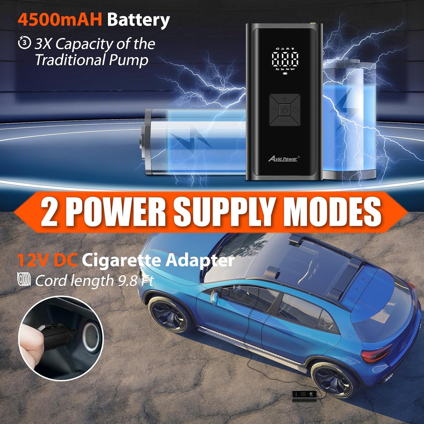 AVID POWER Cordless Portable Tire Inflator - 4500mAh Air Compressor for Cars, Motorcycles, Bicycles & Inflatables with Smart Modes & 12V DC Adapter